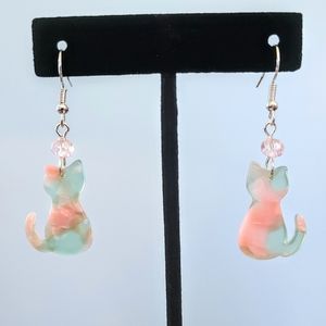 Subtle Delights Handmade Acrylic Pink & Aqua Calico Cat Earrings w/ Glass Accent